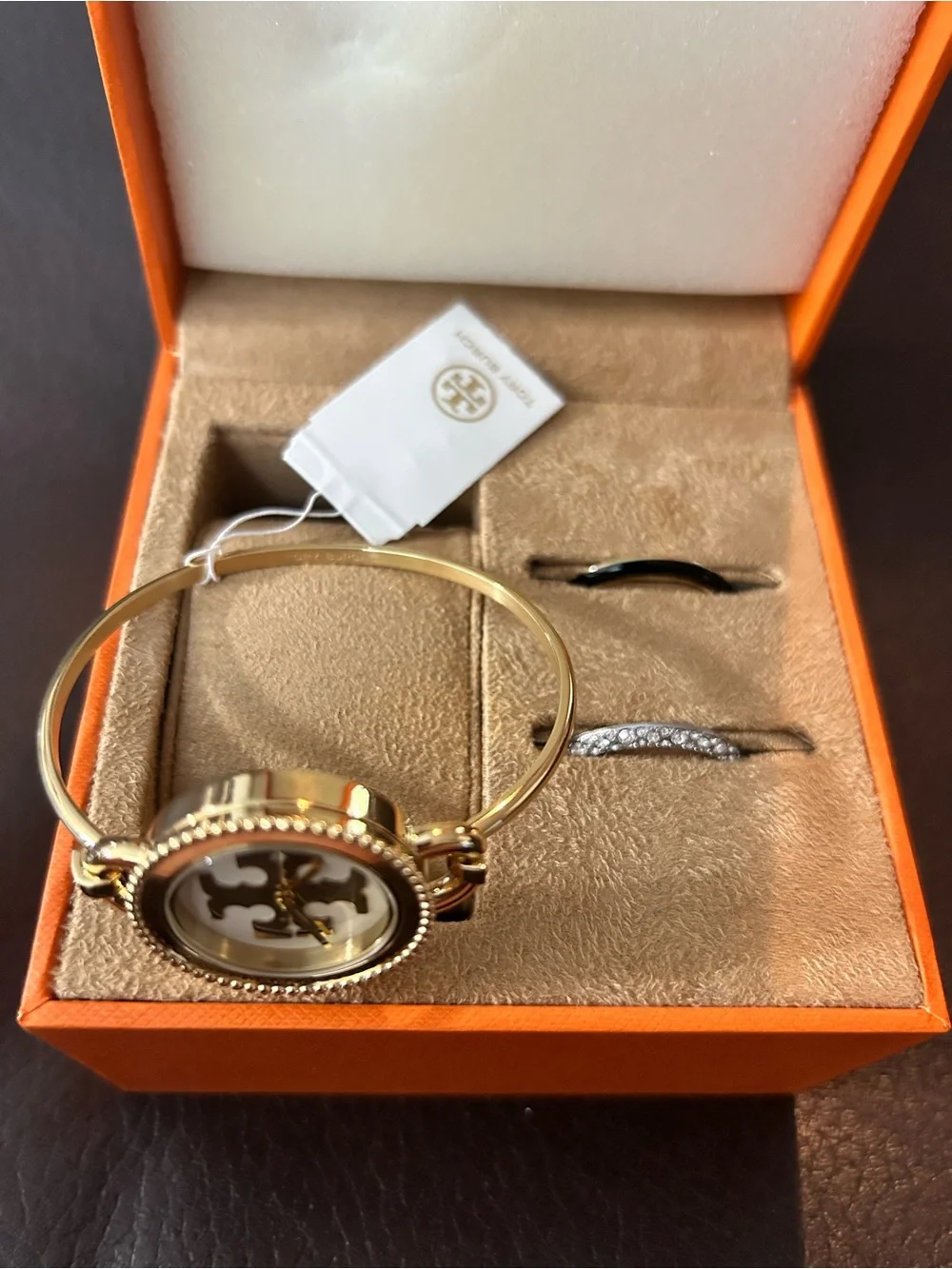 Tory Burch Gold-Tone Logo Dial Bangle Watch with White Face